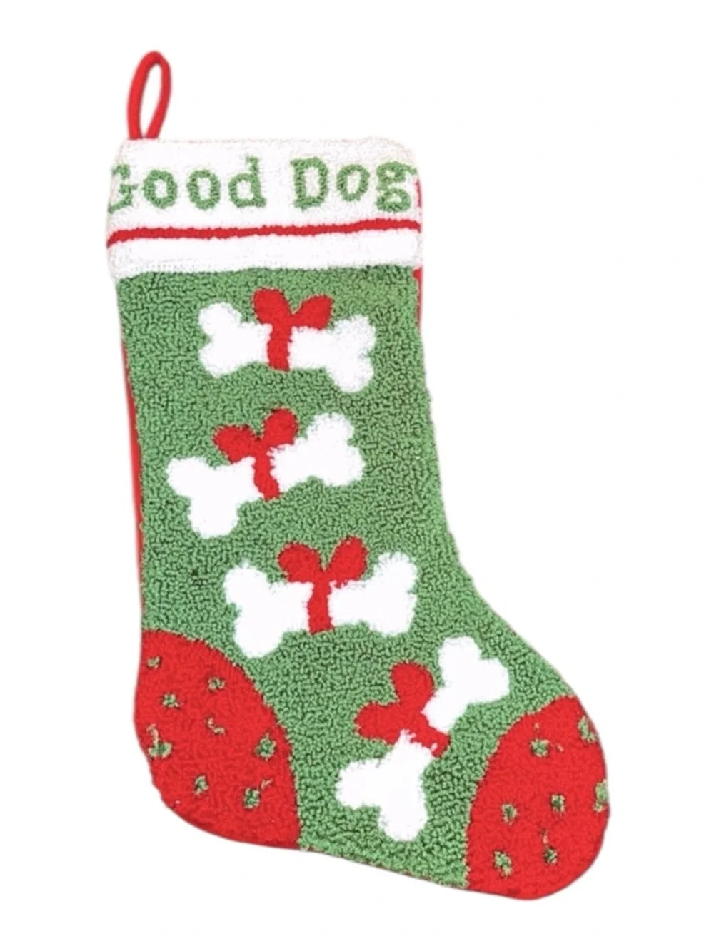Festive Green and Red Good Dog knit embroidered Christmas Stocking